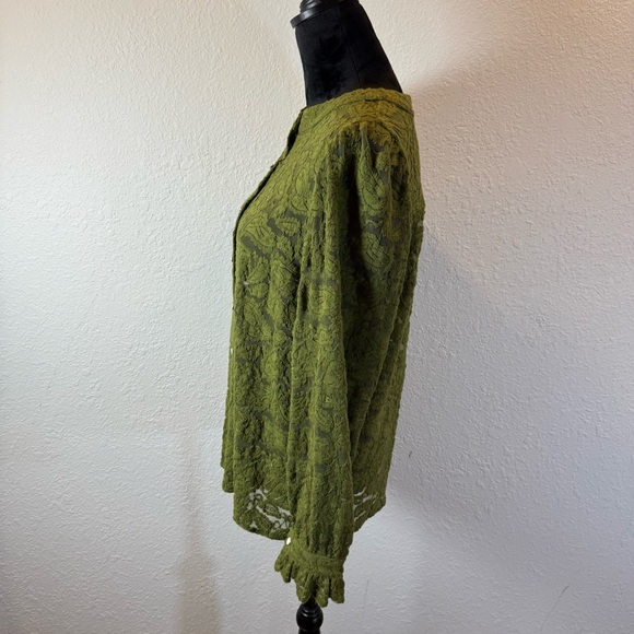 Chic Olive Lace Button-Up Blouse green with ruffle sleeve cuff - Picture 4 of 11